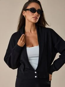 SHEIN مجموعة نسائية من قطعتين كارديجان فضفاض أسود بتفاصيل أزرار وبنطال كنزة متناسقة - الأسود - مشاهدة 3