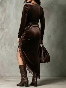 Linhara CURVE Women's Round Neck Long Sleeve Dress, Elegant Party Autumn/Winter Dress - Brown - View 2