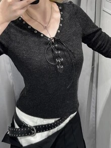 FRIFUL Women's Solid Color Tie-Front Design Slim Fit Versatile Everyday Long Sleeve T-Shirt Halloween Night Going Out Black Autumn Goth - Grey - View 5