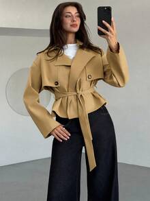 Aloruh 米色收腰短款女式風衣，秋季/冬季百搭，辦公室優雅風，教師節法式優雅 - 薑色 - 查看 8
