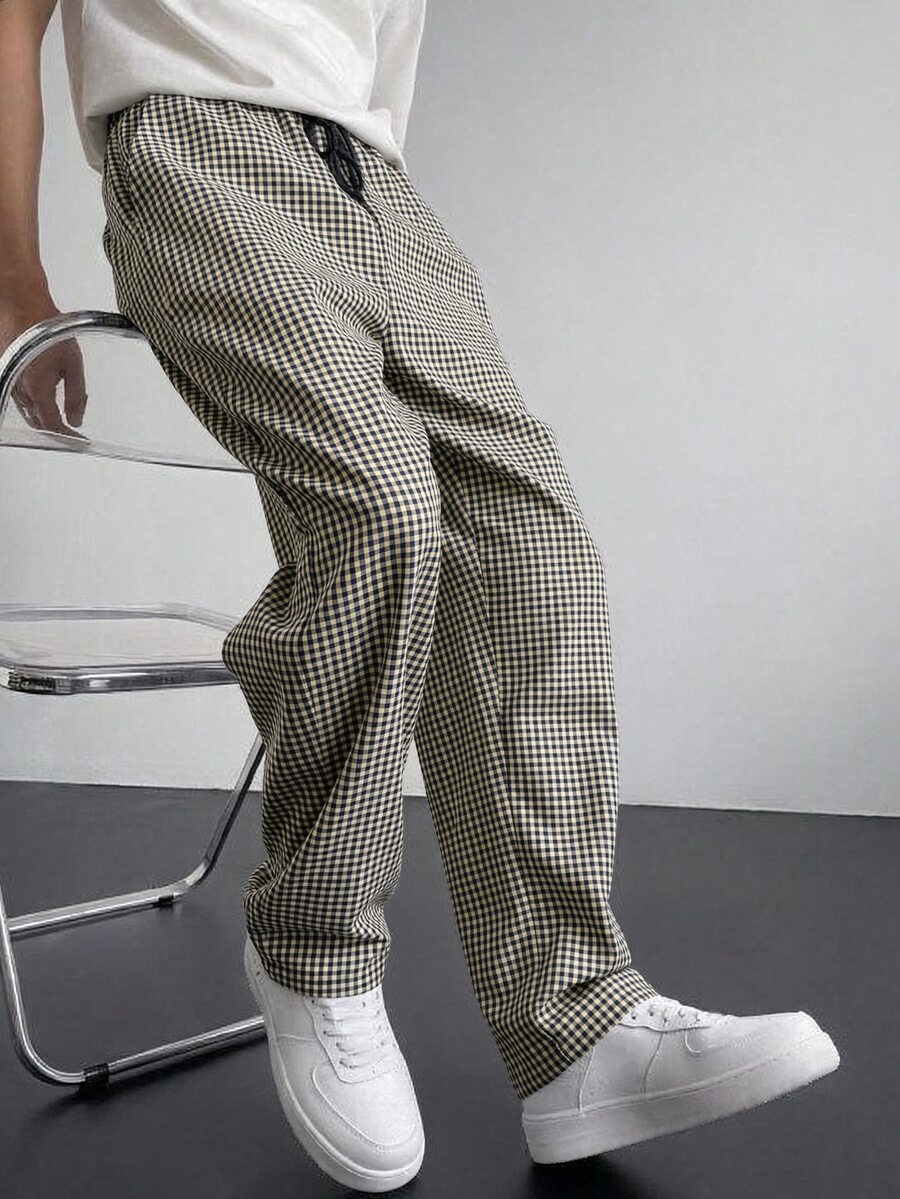 Manfinity Hypemode Men's Fashion Autumn/Winter Plaid Drawstring Long Pants - Navy Blue - View 1