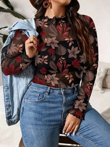 Travachic 大尺碼女款印花上衣，修身長袖網紗上衣 - 彩色 - 查看 3