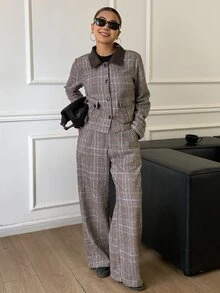 DAZY Women's Brown Plaid Lapel Button Pocket Long Sleeve Cropped Jacket With Matching High Waist Loose Wide Leg Long Pants 2 Pieces Set - Black - View 7