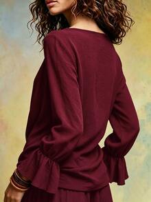 LUMIGAL Spring/Autumn New Commute & Vacation Solid Color Women's Cowl Neck Flare Sleeve Top - Burgundy - View 2