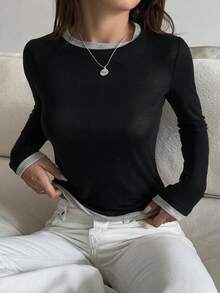 DAZY 女款拼色 2 合 1 組合圓領長袖休閒街頭風度假春/秋季底層 T 恤 - 黑色 - 查看 4
