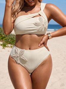 SHEIN Swim Women's Plus-Size Sexy Apricot Knitted Bikini Set – High-Stretch, Minimalist Resort Style With One-Shoulder Design (Featuring Pearl And 3D Floral Embe - Beige - View 1