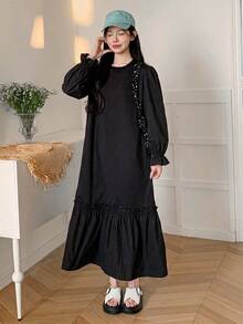 DAZY Women's Solid Color Round Neck Long Sleeve Ruffle Hem Casual Loose Fit Dress - Black - View 6