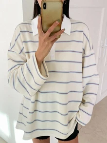 DAZY 女款條紋寬鬆 Polo 領落肩長袖休閒 T 恤 - 杏色 - 查看 5
