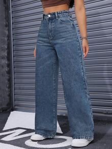 SHEIN PETITE Women's Minimalist Casual Zip-Fly Loose Straight Leg Denim Jeans,Fall/Winter,New Year Outfit ,Petite Women - Dark Wash - View 7
