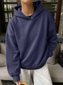 DAZY 連帽休閒保暖內裡素色中性寬鬆女款運動衫 - 藏蓝色 - 查看 3