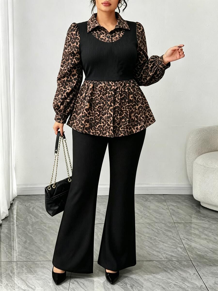 Elenzga Plus Size Casual Versatile Commute Patchwork 2 In 1 Shirt Top + Versatile Minimalist Flared Long Pants 2 Pieces Set - Multicolor - View 1