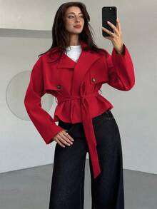 Aloruh 米色收腰短款女式風衣，秋季/冬季百搭，適合辦公室、優雅教師節法式優雅風格 - 紅色 - 查看 8
