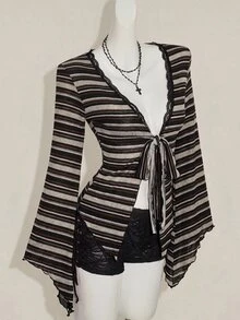 SHEIN ICON Y2K 女款西式波西米亞嬉皮哥德風性感蕾絲扭轉前襟長袖開襟衫 - 彩色 - 查看 3
