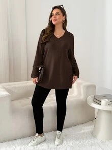 Shapeblank 大尺碼百搭時尚長袖T恤，開衩下擺，秋季穿搭，外出上衣，簡約風格，保暖秋季女款T恤，秋冬適用 - 棕色 - 查看 7