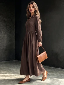 Editum Women's Coffee Brown Elegant Commute Casual Shirt-Style V-Neck Long Dress With Button Decor And Ruched Detail, Slimming And Neck-Elongating - Coffee Brown - View 4