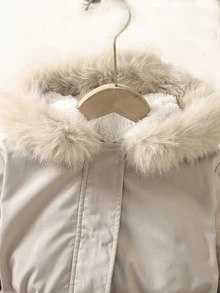 SHEIN 青少年女孩秋冬休閒街頭時尚卡其色梭織斜紋連帽保暖內裡加厚抽繩收腰裝飾拉鍊口袋派克夾克，適合返校與日常穿著 - 卡其色 - 查看 7
