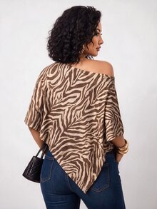 Truni Plus-Size Knit Zebra Print One-Shoulder Asymmetrical Shawl Top Pear Body,Triangle Body - Multicolor - View 2