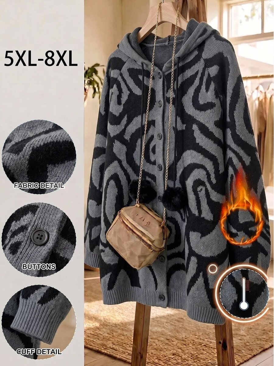 SHEIN CURVE+ Áo cardigan len có mũ tay dài cài nút đơn họa tiết vằn ngựa vằn Halloween cho nữ size lớn - Nhiều màu - Xem 1