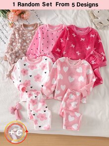 SHEIN 女嬰甜美韓風粉色蝴蝶結印花法蘭絨圓領寬鬆長袖秋季/秋冬褲子2件套，加厚雙面抓毛 - 彩色 - 查看 3