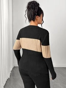 Elenzga Plus Size Women's Black & Contrast Color V-Neck Knitted Cardigan, Cinched Waist Slim Fit, Metal Gold Buttons, Vertical Ribbed Cable Texture, Flattering Commuter Versatile Outerwear - Multicolor - View 2