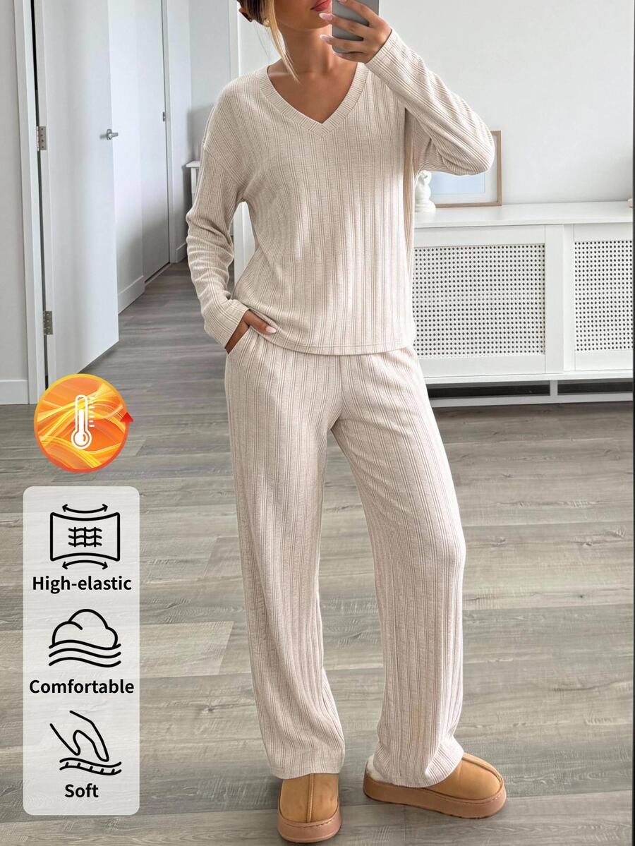 SHEIN BASICS Women's Solid Color V-Neck Long Sleeve Top And Pants Casual Daily 2 Pieces Set - Apricot - View 1
