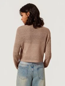 SHEIN BASICS 女款優雅鏤空鈕扣針織薄款開襟衫 - 卡其色 - 查看 5
