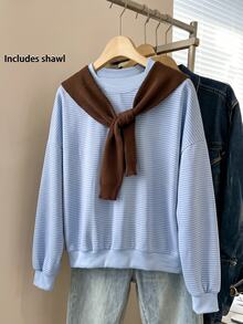 INAWLY Casual Striped Crew Neck Loose Top Paired With Knitted Shawl, Minimalist Commuter Elegant Layered Sweatshirt - Blue - View 3