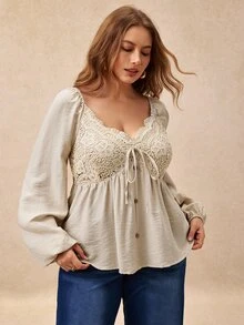 Écloséra Curve Plus Size Women's Fall/ Fashion Romantic Elegant Casual Comfortable Daily Shirt With Chest Floral Patch Party Date Night Grey - Apricot - View 3