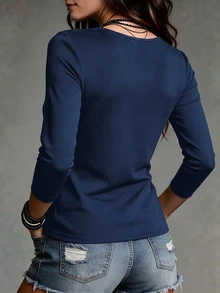 LUMIGAL 女款 2026 秋冬 透視領拼接長袖打底 T-shirt - 藏蓝色 - 查看 2