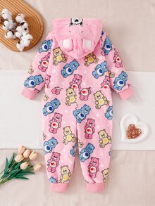 SHEIN X Care Bears GraphicGems 秋冬雙面法蘭絨保暖內裡加厚女童連身衣，聯名可愛卡通熊與星星印花，精緻熊帽附刺繡與3D耳朵設計，拉鍊開合，長袖長褲居家休閒服 - 粉色 - 查看 2