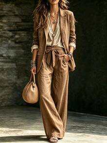 LUMIGAL Women's Autumn New Casual Commute Basic Blazer And Pants Set - Brown - View 5