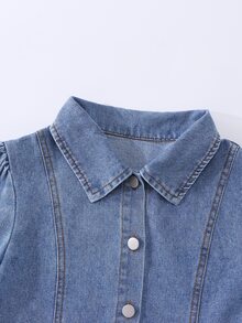 Girls' Denim Dress, Washed Light Blue, Sweet Girly Style, Classic Collar And Metal Button Design, Pink Bow On Chest For Playful Touch, Comfortable A-Line Fit, Suitable For Spring And Autumn - Light Wash - View 5