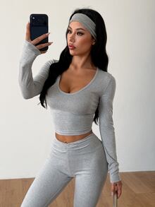 Coolane Women's Solid Color Long Sleeve T-Shirt And Pleated Pants 2 Pieces Set - Grey - View 5