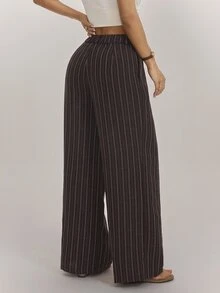 SHEIN PETITE Brown Striped Loose-Fit Trousers For Petite Women – Casual Workwear - Rust Brown - View 2