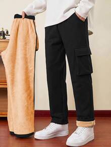 SHEIN 青少年男孩休閒百搭保暖內裡加厚工裝長褲，下身褲，適合秋冬、學校、家庭聚會、度假、派對，秋季穿搭，冬季 - 黑色 - 查看 1