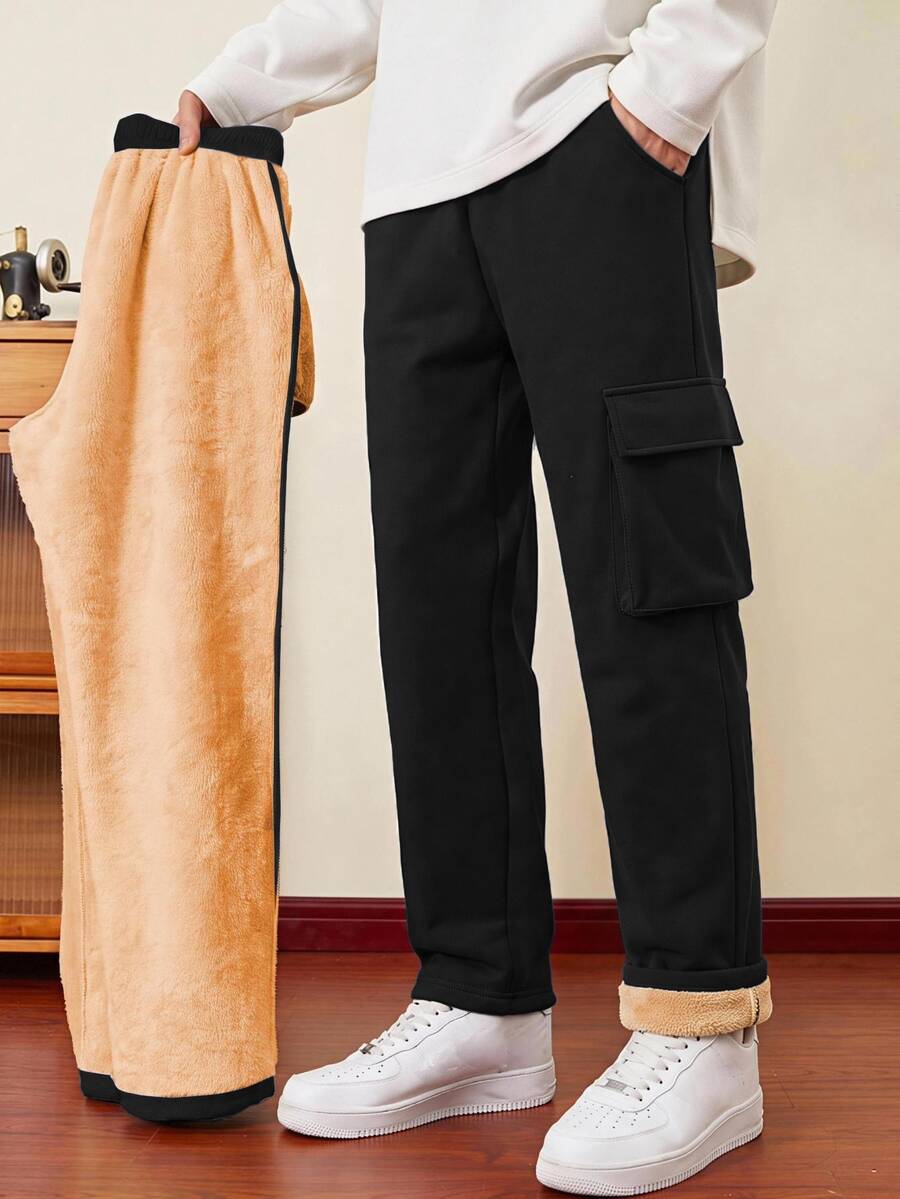 SHEIN 青少年男孩休閒百搭保暖內裡加厚工裝長褲,下身褲,適合秋冬、學校、家庭聚會、度假、派對,秋季穿搭,冬季 - 黑色 - 查看 1