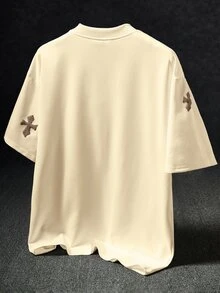 Manfinity EMRG 男士街頭風 INS 風格十字全印花毛巾刺繡日常休閒穿搭 米色 T 恤 度假夏季 男友丈夫禮物 週年紀念禮物 - 杏色 - 查看 2