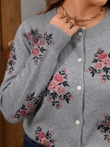 EMERY ROSE Plus Size Women's New Fashion Printed Thin Knit Cardigan, Casual Versatile Lightweight Jacket For Spring And Autumn - Grey - View 8
