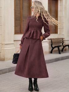 Brillora Brown Striped Top And Skirt 2 Pieces Set - Burgundy - View 9