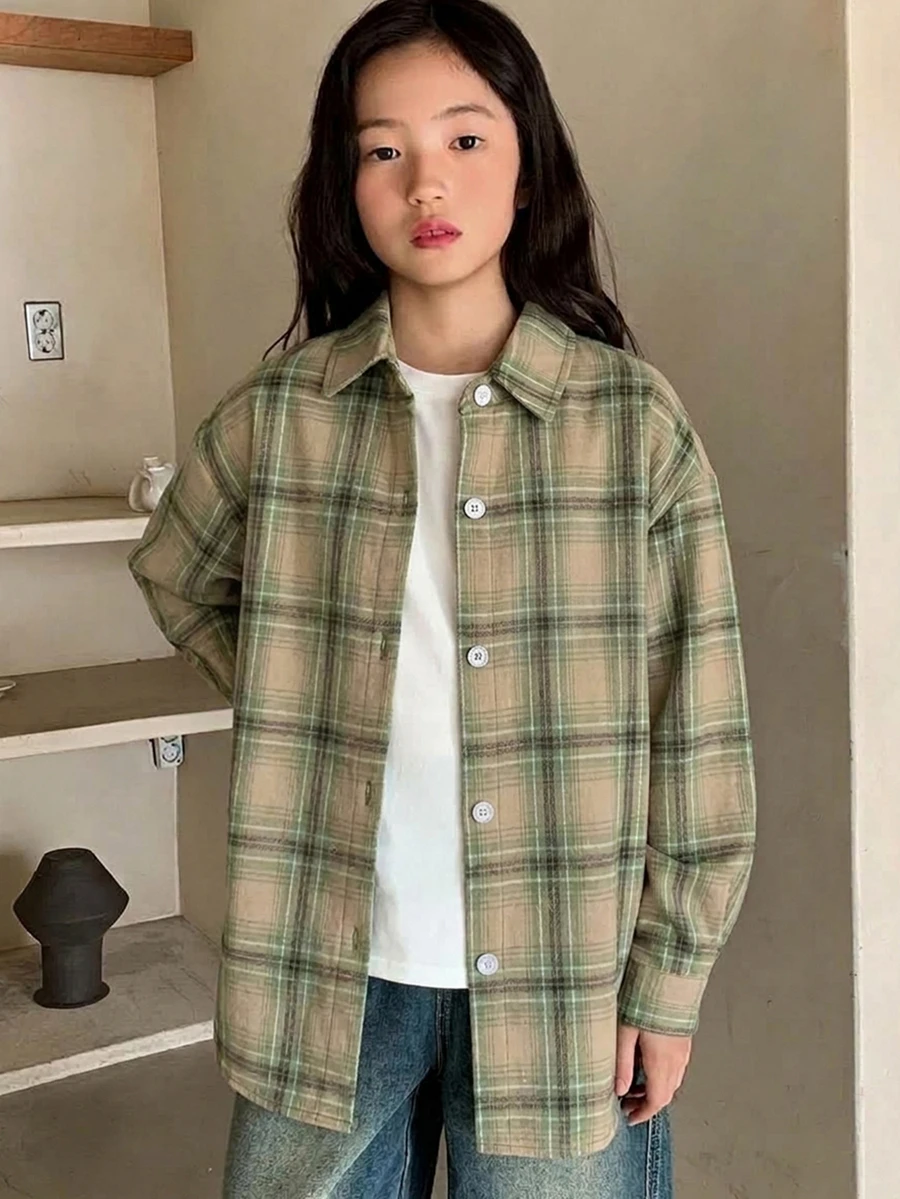 Dazy Kids Tween女孩 寬鬆格紋襯衫,全新秋季風格,長袖休閒外套上衣 - 綠色 - 查看 1