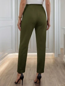 Medorina 女款純色鈕扣設計優雅通勤西裝褲 - 軍綠色 - 查看 3