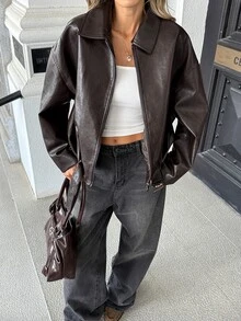Pariaura Elegant Lapel Zipper Side Pocket Cool Slimming Daily Commute Street Style Jacket Coat Top - Brown - View 5