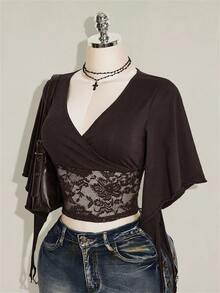 SHEIN ICON 女款蕾絲拼接V領修身百搭T恤 - 棕色 - 查看 9