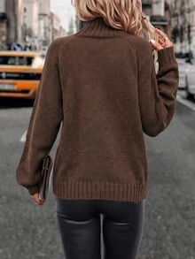 SHEIN 女款純色休閒百搭日常長袖針織衫 - 巧克力棕 - 查看 2