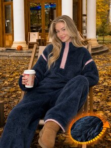 Livesso Women's Dropped Shoulder Long Sleeve Zipper Half-Placket Top And Pants Pajama Set - Navy Blue - View 3