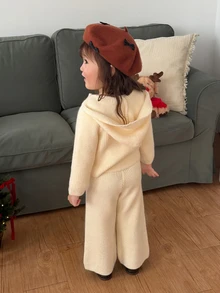 DAZY Infant (Girl) Solid Color Casual Hooded 2 Pieces Sweater Set - Apricot - View 2
