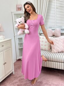 SweetSlumber Elegant Bow Contrast Color Women's Loungewear Dress - Dusty Pink - View 5