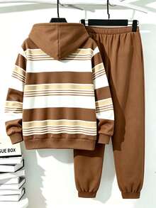 Tween Boys Casual Comfortable Fashion Minimalist Striped Colorblock Hoodie Sweatshirt Set, Suitable For Outdoor Wear And Sports, Autumn/Winter - Multicolor - View 2
