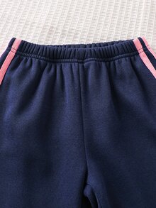 SHEIN 女童深藍色小狗刺繡運動衫套裝，側邊粉色織帶上衣 + 寬腿褲，寬鬆休閒兩件套，適合春秋穿著 - 寶藍色 - 查看 6