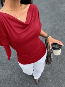 Siren Gaze 女款優雅秋季垂領短袖T恤，修身抓皺肩部上衣，適合早午餐、商務休閒辦公穿著，聖誕紅 - 紅色 - 查看 7